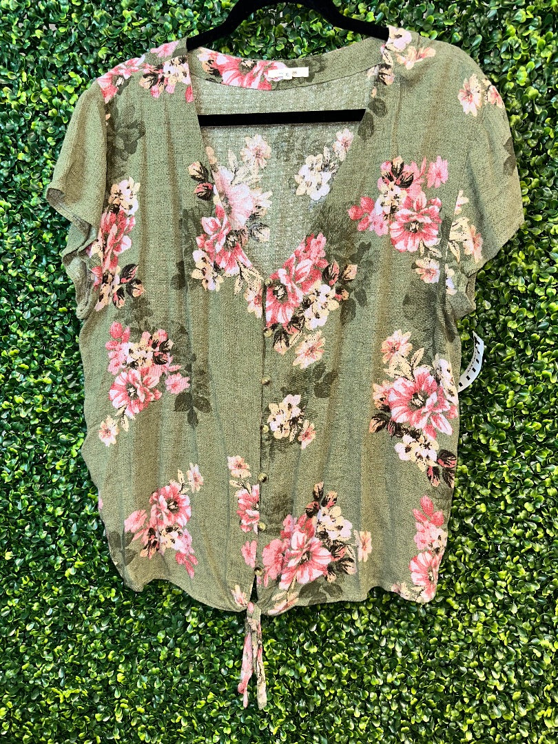 Green Floral Women's Tie Front Top, X-Large